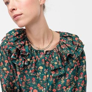 J. Crew Collection Ruffle Green Mushroom Print Cottagecore Blouse